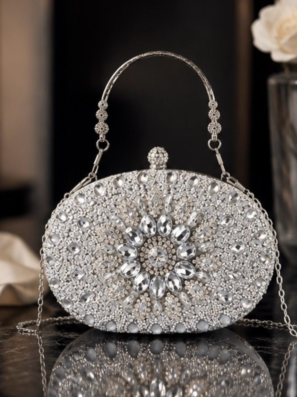 Silver Crystal Flower Motif Evening Clutch